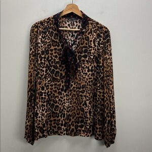 SET Leopard Print Blouse Top Polka Dot Bow Womens US Size 12 Old Money Baddie